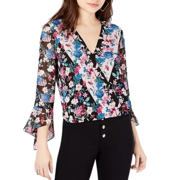 Guess Wrap Style Boho Floral Blouse Top Statement Sleeves Spring Summer Sheer - Picture 4 of 13